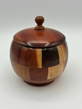 Vintage Handmade Wood Trinket Box with Lid Patchwork Turned Bowl Decor MCM